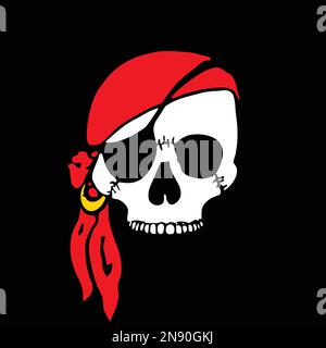 pirate skull with red bandana and black eyepatch vector illustration isolated on black background Stock Vector