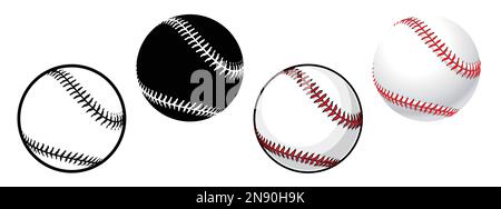 simple classic baseball cartoon shaded black white base ball set of 4 symbol icon vector isolated on white background Stock Vector