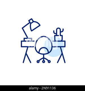 Elegant swivel chair at work desk with lamp and cactus in a flower pot. Pixel perfect, editable stroke line icon Stock Vector