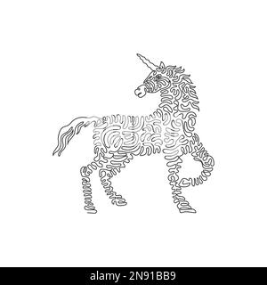 Continuous curve one line drawing of single horned unicorn abstract art. Single line editable stroke vector illustration of mythological unicorn for l Stock Vector