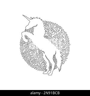 Single one curly line drawing of standing unicorn abstract art. Continuous line drawing design vector illustration of a mythical unicorn for icon Stock Vector