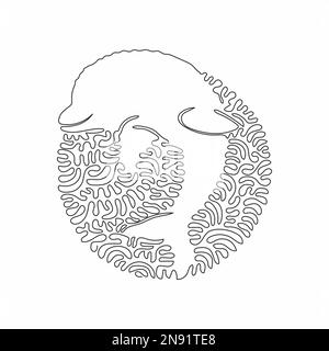 Single one curly line drawing of bottlenose dolphin abstract art. Continuous line draw graphic design vector illustration of intelligent dolphin Stock Vector
