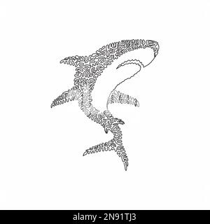 Single curly line drawing of marine predator abstract art. Continuous line drawing design vector illustration of dangerous shark for icon Stock Vector