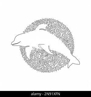 Continuous curve one line drawing of adorable dolphin abstract art in circle. Single line editable stroke vector illustration of cute dolphin for logo Stock Vector