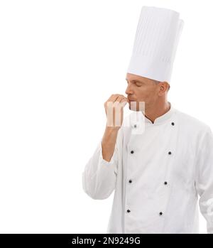 Man, chef and kissing hands for taste, perfect or just right in celebration for cooking skills isolated on white studio background. Happy proud male Stock Photo