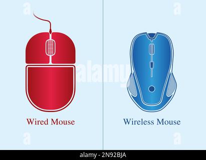 Computer mouse vectors, red and blue wired vs wireless mousses Stock Vector