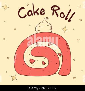 Traditional Japanese food. Asian cake roll with strawberry. Vector illistration Stock Vector