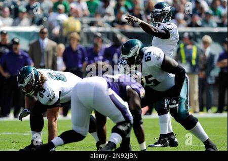 Philadelphia Eagles quarterback Michael Vick (7) calls a play at the line  of scrimmage in the first half of an NFL football game against the Atlanta  Falcons at the Georgia Dome in