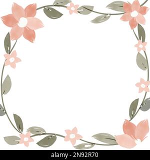 Watercolor hand painted frame with pink flowers, little green leaves and branches. Frame for wedding invitations, save the date or greeting cards on Stock Vector