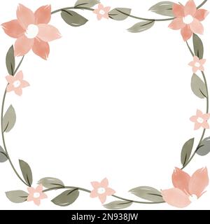Watercolor hand painted frame with pink flowers, little green leaves and branches. Frame for wedding invitations, save the date or greeting cards on Stock Vector