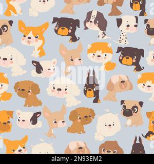 Seamless Pattern with Funny Puppies on Blue Background Stock Vector