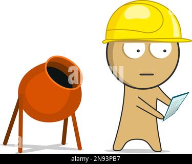 Builder in a yellow hard hat looks at the plan Stock Vector