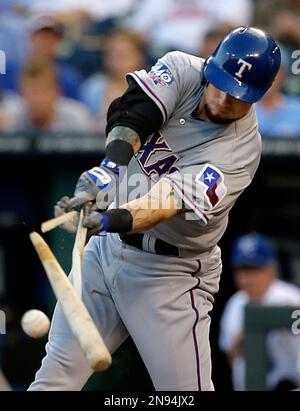 Photo: Rangers Josh Hamilton breaks his bat during game 2 of the