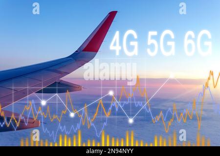 Plane flying over the sea view from the plane window. 4G, 5G, 6G. Global high speed internet. Web wireless technology. Background clouds sky Stock Photo