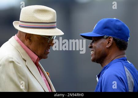 Los Angeles Dodgers coach Manny Mota during batting practice before game  against the Arizona Diamondbacks at Dodger Stadium in Los Angeles, Calif.  on Sunday, July 3, 2005. (Kirby Lee via AP Stock