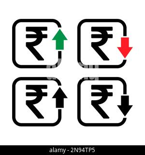 Set of cost symbol rupee increase and decrease icon. Money vector symbol isolated on background . Stock Vector