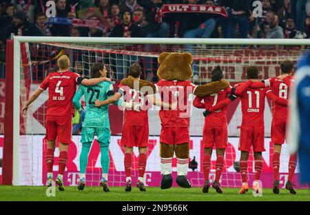 FCB team celebrate with fans, Matthijs de Ligt, FCB 4 Yann Sommer, FCB 27 goalkeeper  Daley Blind, FCB 23 FCB mascot Bernie , Maskottchen, Serge GNABRY, FCB 7 Kingsley Coman, FCB 11  Leon GORETZKA, FCB 8  in the match FC BAYERN MUENCHEN - VFL BOCHUM 3-0 1.German Football League on Feb 11, 2023 in Munich, Germany. Season 2022/2023, matchday 20, 1.Bundesliga, FCB, München, 20.Spieltag. © Peter Schatz / Alamy Live News    - DFL REGULATIONS PROHIBIT ANY USE OF PHOTOGRAPHS as IMAGE SEQUENCES and/or QUASI-VIDEO - Credit: Peter Schatz/Alamy Live News Stock Photo