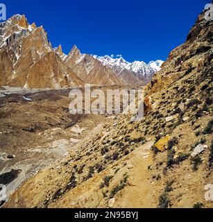 Panoramic view on the route to Concordia base camp on Upper Baltoro Glacier, Gilgit-Baltistan territory in northern Pakistan. Pakistan. Stock Photo