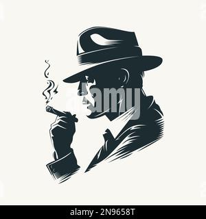 Silhouette of a man in a hat smoking a cigar. Retro style vector illustration of noir gentleman. Stock Vector