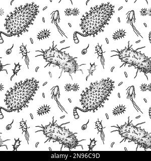 Viruses seamless patten. Scientific hand drawn vector illustration in sketch style. Microscopic microorganisms Stock Vector