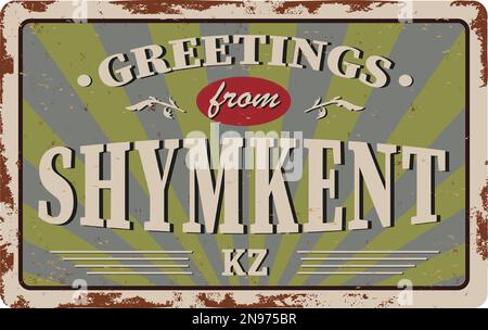 Shymkent on colored background vintage post card metal plate Stock Vector