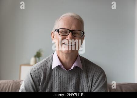 Happy positive old retired man in glasses sitting on couch Stock Photo