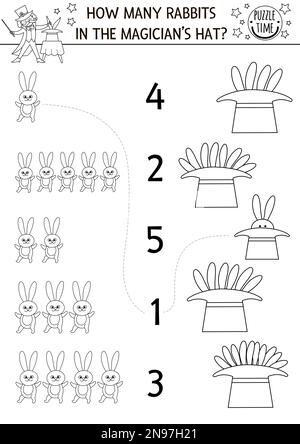Match the numbers black and white circus game with magician hat and rabbits. Amusement show line math activity for preschool kids. Festival educationa Stock Vector
