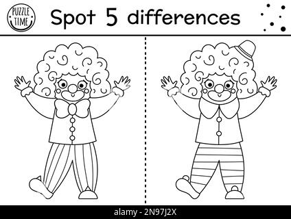 Circus black and white find differences game for children. Educational line activity with cute clown. Amusement show puzzle for kids with funny artist Stock Vector