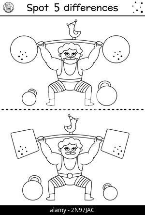 Circus black and white find differences game. Educational activity with strongman lifting weights. Amusement show line puzzle for kids with funny athl Stock Vector