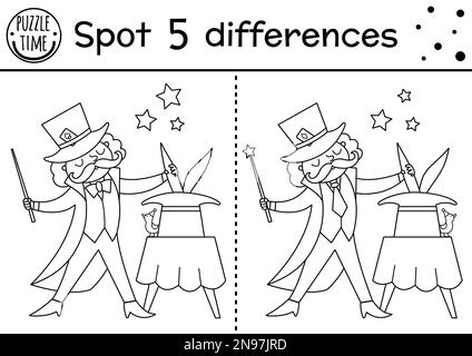 Circus black and white find differences game for children. Educational line activity with magician showing trick with hat and rabbit. Amusement show p Stock Vector