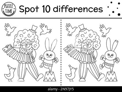 Circus black and white find differences game for kids. Educational activity with clown playing harmonica. Amusement show line puzzle with funny artist Stock Vector