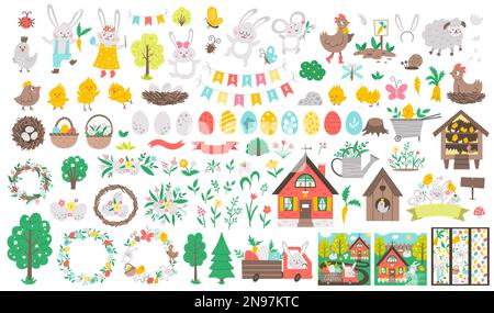 Big Easter vector set. Collection with cute bunny, colored eggs, bird, chicks, baskets, cards, bookmarks, trees. Spring funny illustration. Holiday ic Stock Vector