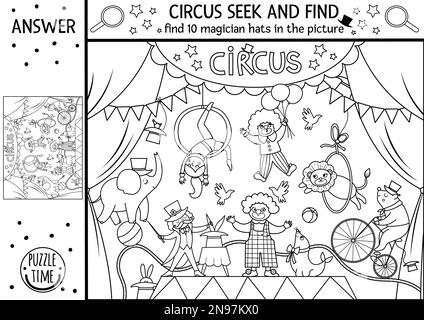 Vector circus black and white searching game with amusement show scene and artists. Spot hidden magician hats in the picture. Simple line seek and fin Stock Vector