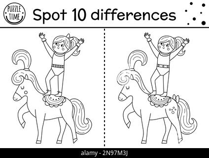 Circus black and white find differences game for kids. Educational line activity with gymnast girl on hoop. Amusement show puzzle for children. Festiv Stock Vector