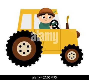 Vector farmer driving tractor icon. Farm transportation with driver isolated on white background. Funny rural illustration for kids with cute boy. Stock Vector