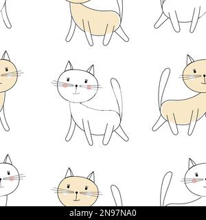 White cat in doodle style seamless pattern. Hand drawn pet vector print. Animal linear illustration Stock Vector