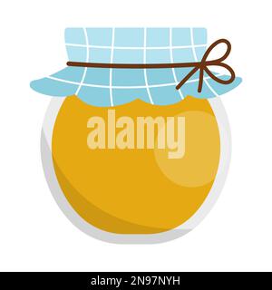 Vector honey jar icon isolated on white background. Cute rural glass pot tied with blue checked cloth. Flat beekeeping farm illustration Stock Vector