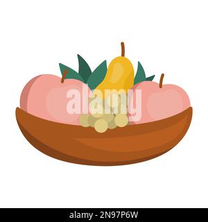 Vector cute wooden bowl with apples, pears, leaves. Autumn garden clipart. Funny flat style fruit plate illustration isolated on white background. Far Stock Vector