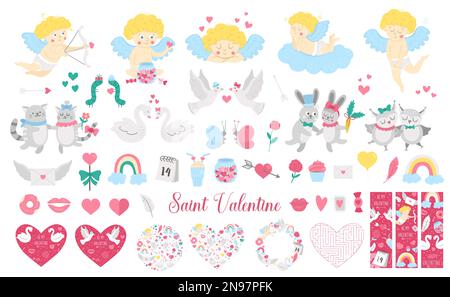 Big Saint Valentine day vector set. Cute characters, cards, designs collection. Cupid, doves, hearts, swans, animal pairs pack. Playful February holid Stock Vector