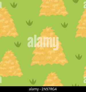 Vector seamless pattern with yellow hay stacks. Vector mown field grass repeat background. Farm pasture digital paper. Straw heap texture on green bac Stock Vector