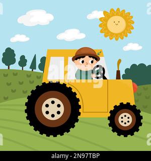 Vector farm scene with farmer driving tractor. Country landscape with transportation, driver, sun. Funny rural field and forest background. Cute boy i Stock Vector