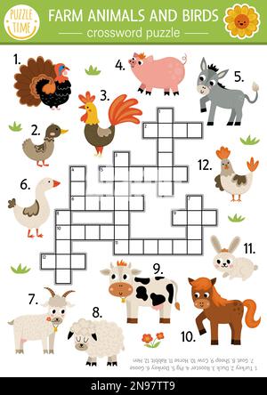 Farm animals crossword puzzle for kids. Educational game with cute farm ...