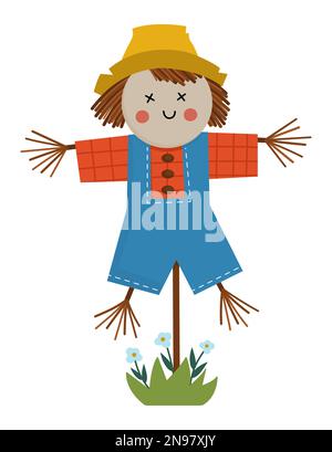 Vector scarecrow isolated on white background. Flat spring garden bugaboo illustration. Gardening equipment icon. Farm scary puppet on pole picture Stock Vector
