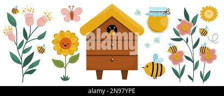 Vector apiary icons collection. Farm honey making set. Cute beekeeping concept illustration with beehive, flowers, sunflower, flowers, jar, butterfly, Stock Vector