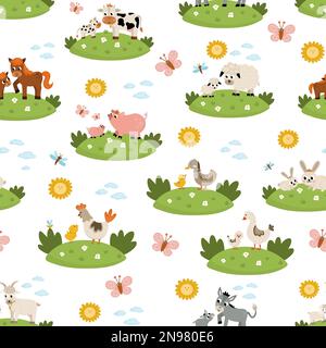 Vector seamless pattern with farm animal scenes. Repeat background with cow, horse, goat, sheep, duck, hen, pig and their babies. Cute country mother Stock Vector