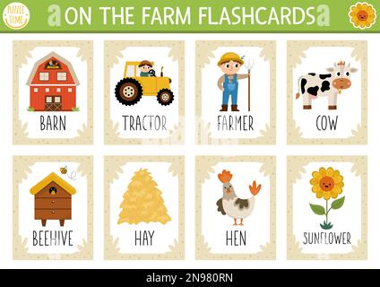 Vector on the farm flash cards set. English language game with cute barn, tractor, farmer for kids. Rural countryside flashcards with animals. Simple Stock Vector