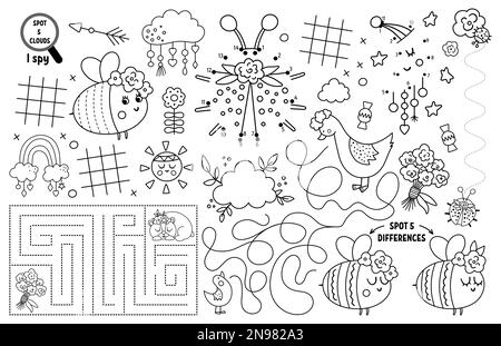 Vector mothers day placemat for kids. Family love and peace printable activity mat with maze, tic tac toe charts, connect the dots, find difference. B Stock Vector