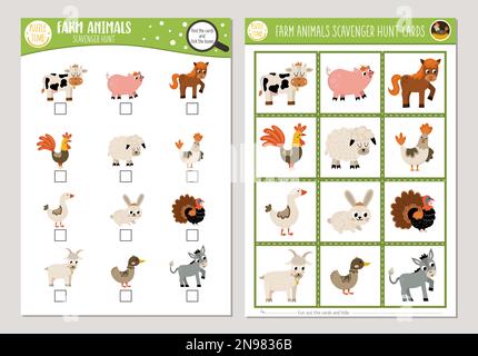 On the farm hide and seek game. Farm matching activity for kids