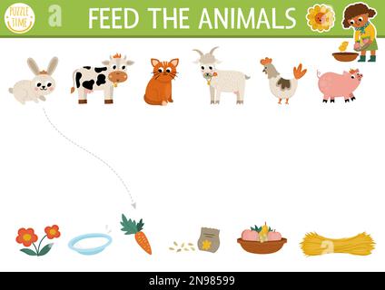 Farm matching activity with cute animals and food. Country puzzle with rabbit, cow, cat, hen, goat, pig. Match the objects game. Feed the animals prin Stock Vector