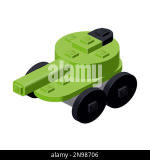 Tank assembled from plastic blocks in isometric style on a white background for print and design.Vector illustration. Stock Vector